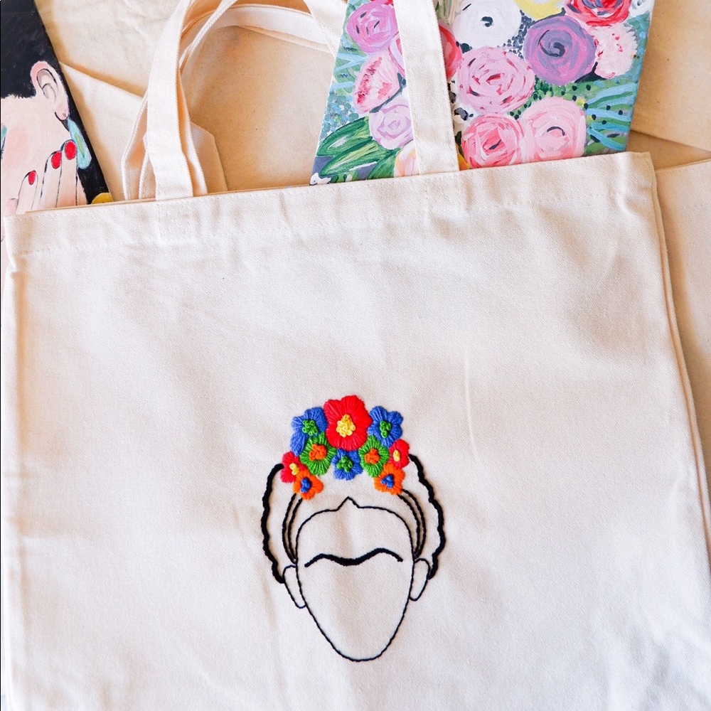 Freida Kahlo canvas tote bag, hand embroidered tote bag, heavy duty canvas tote